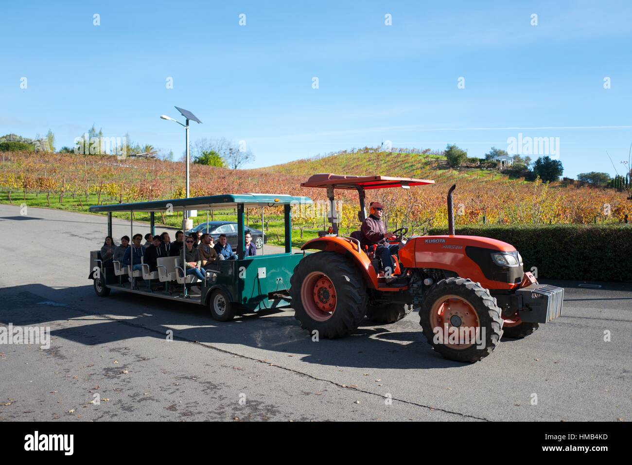 I turisti prendono un hayride dietro ad un trattore a Benziger Family Winery di Sonoma County, California, 27 novembre 2016. Foto Stock