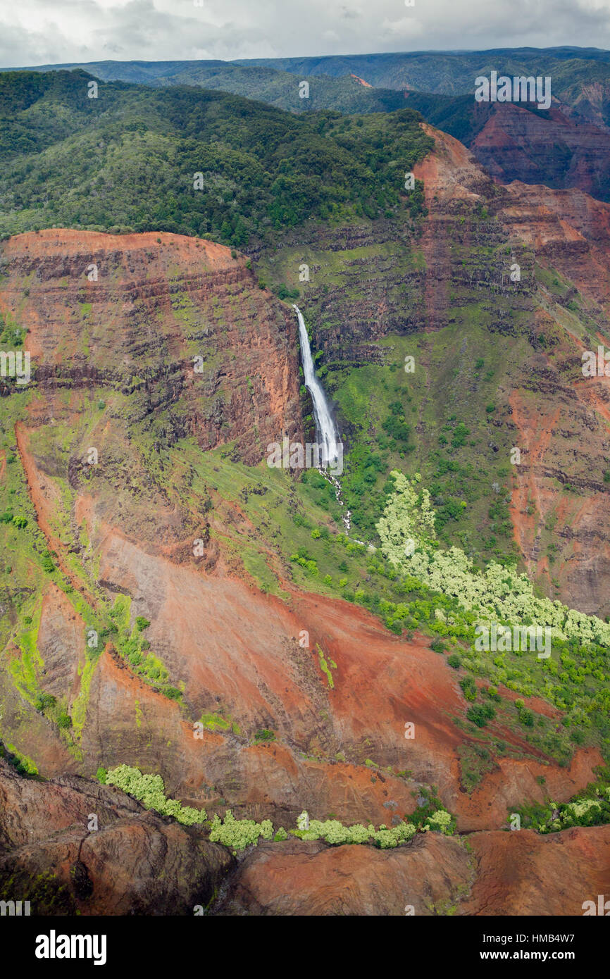 Vista aerea del Waipoo cade nel Canyon di Waimea sulla Kauai, Hawaii, Stati Uniti d'America. Foto Stock