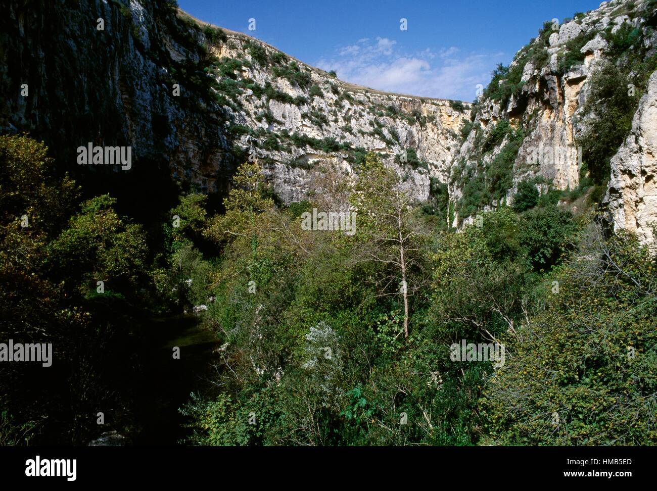 Un burrone vicino alla necropoli di Pantalica, Pantalica Riserva Naturale Cava Grande il torrente e la valle del fiume Anapo Foto Stock