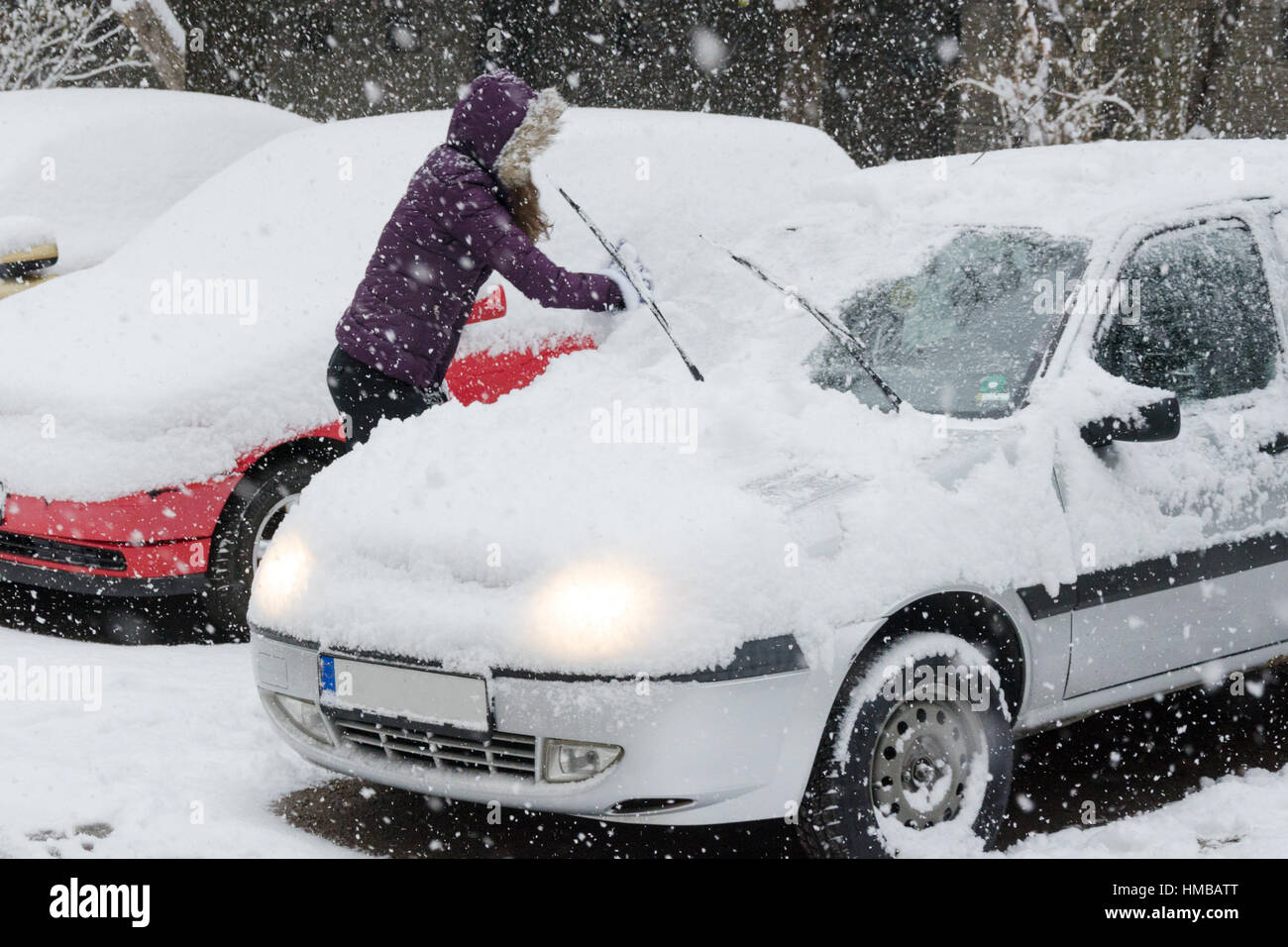 Coperta di neve sulle vetture di parcheggi durante la nevicata in Sofia Bulgaria Foto Stock