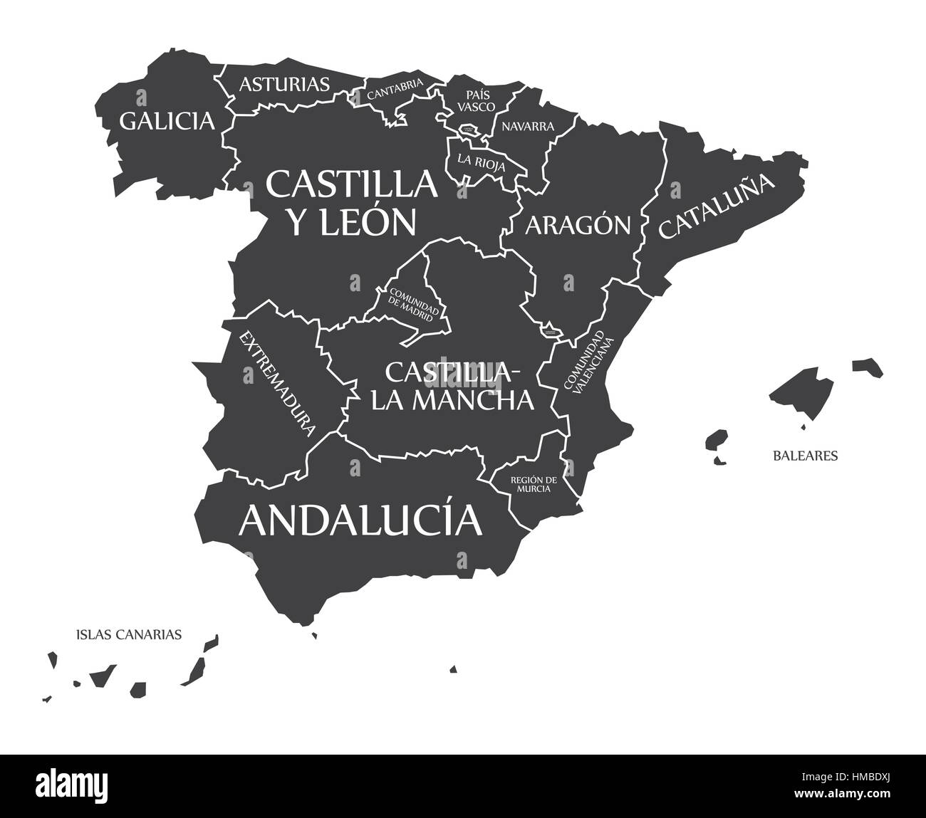 Spagna Mappa etichettati illustrazione nero Illustrazione Vettoriale