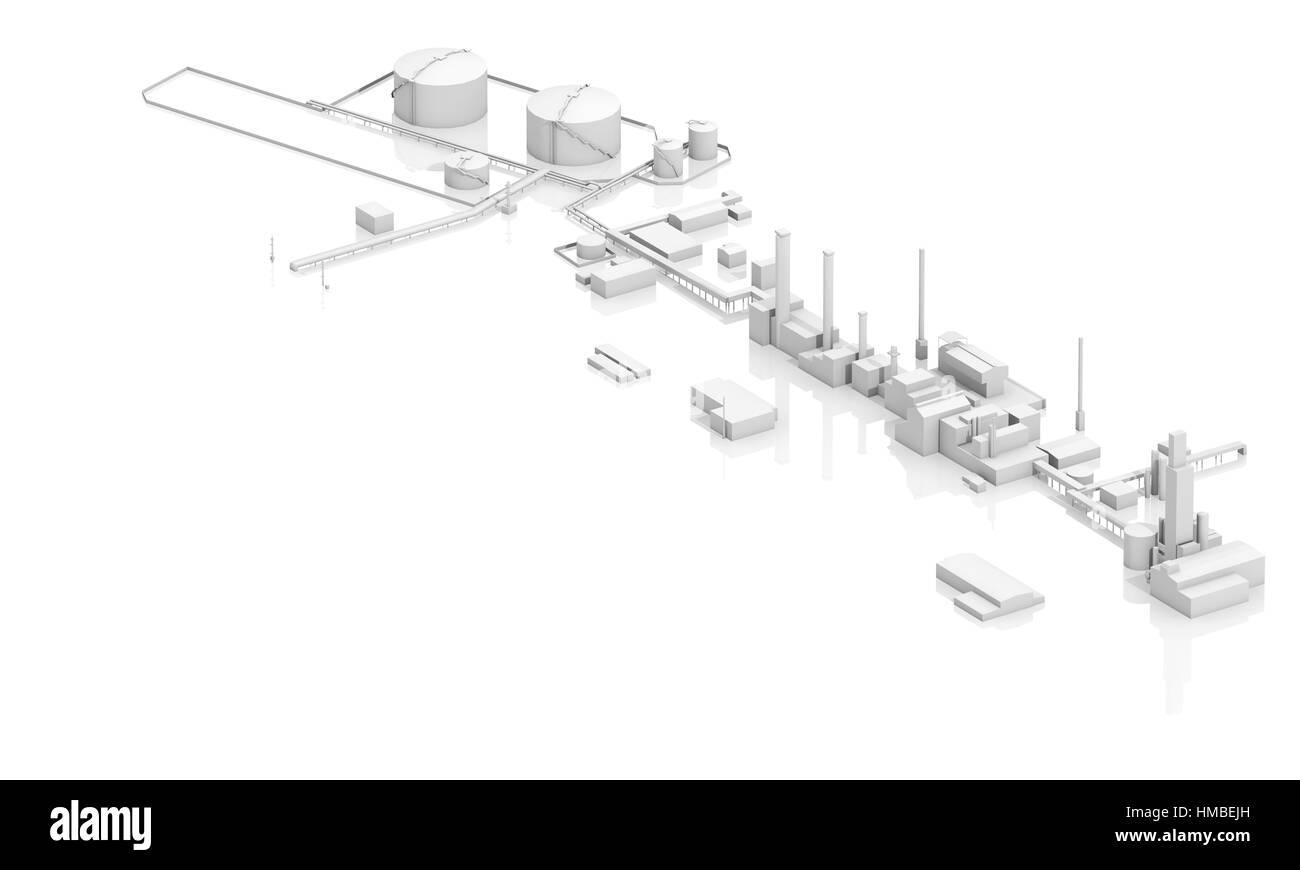 Moderna struttura industriale con serbatoi, camini e edifici 3D modello isolato su sfondo bianco, bird eye view Foto Stock