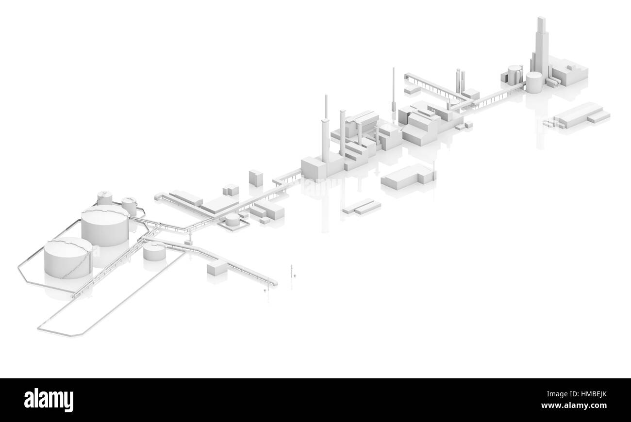 Generico industriale moderna struttura con serbatoi, camini e edifici 3D modello isolato su sfondo bianco, bird eye view Foto Stock