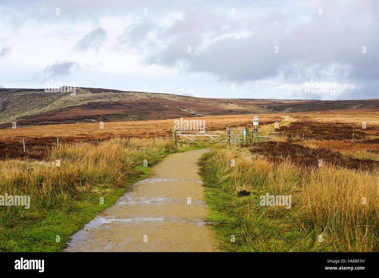 Pennine Way sentiero voce sulla speranza Woodlands Moor Bleaklow, Glossop,Peak District, Derbyshire, Regno Unito. Foto Stock
