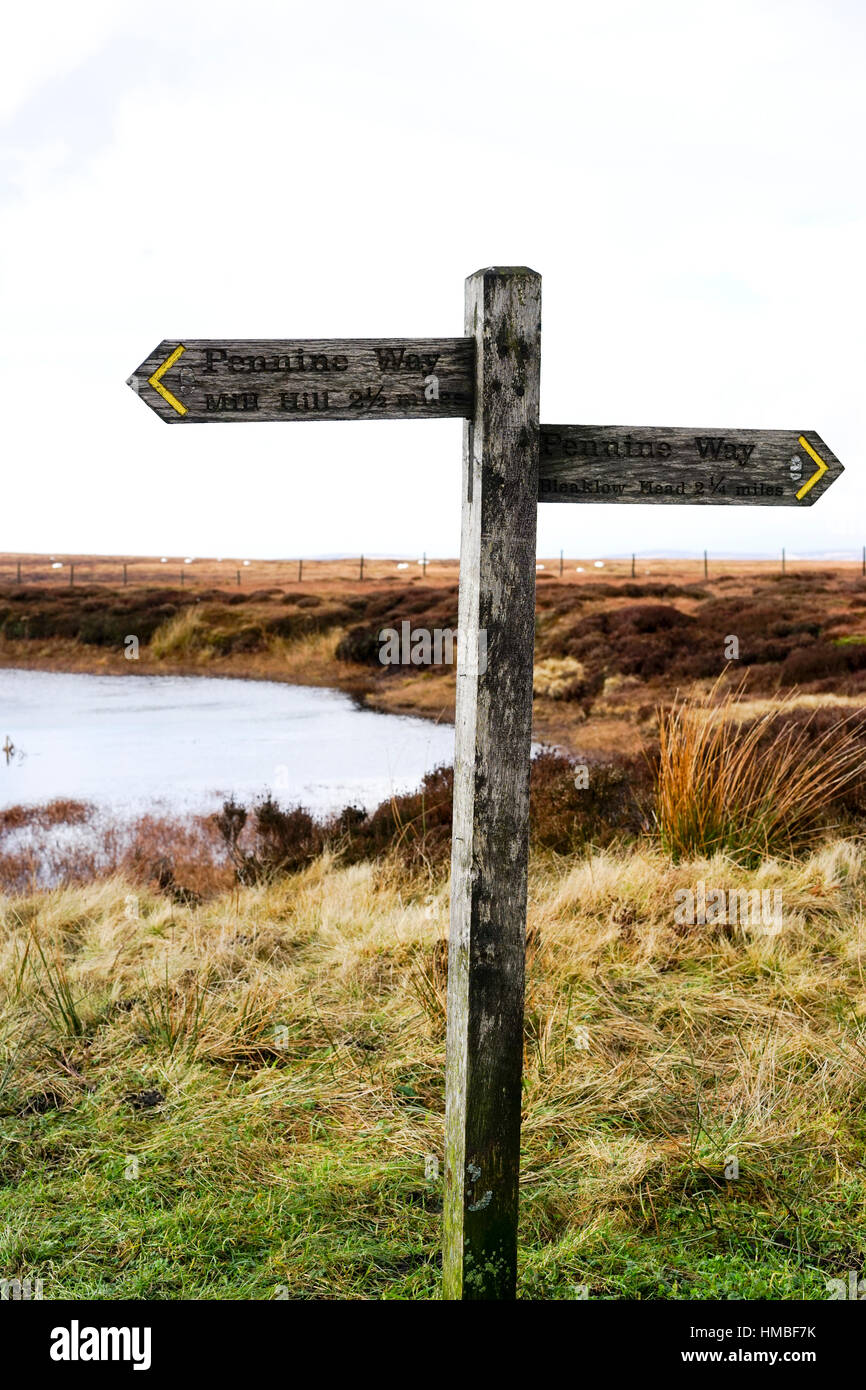 Indicatore di direzione sul montante del The Pennine Way vicino a medici Gate, Bleaklow, Peak District, Derbyshire, Regno Unito. Foto Stock