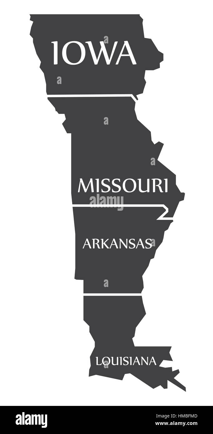 Iowa - Missouri - Arkansas - Louisiana Mappa etichettati illustrazione nero Illustrazione Vettoriale