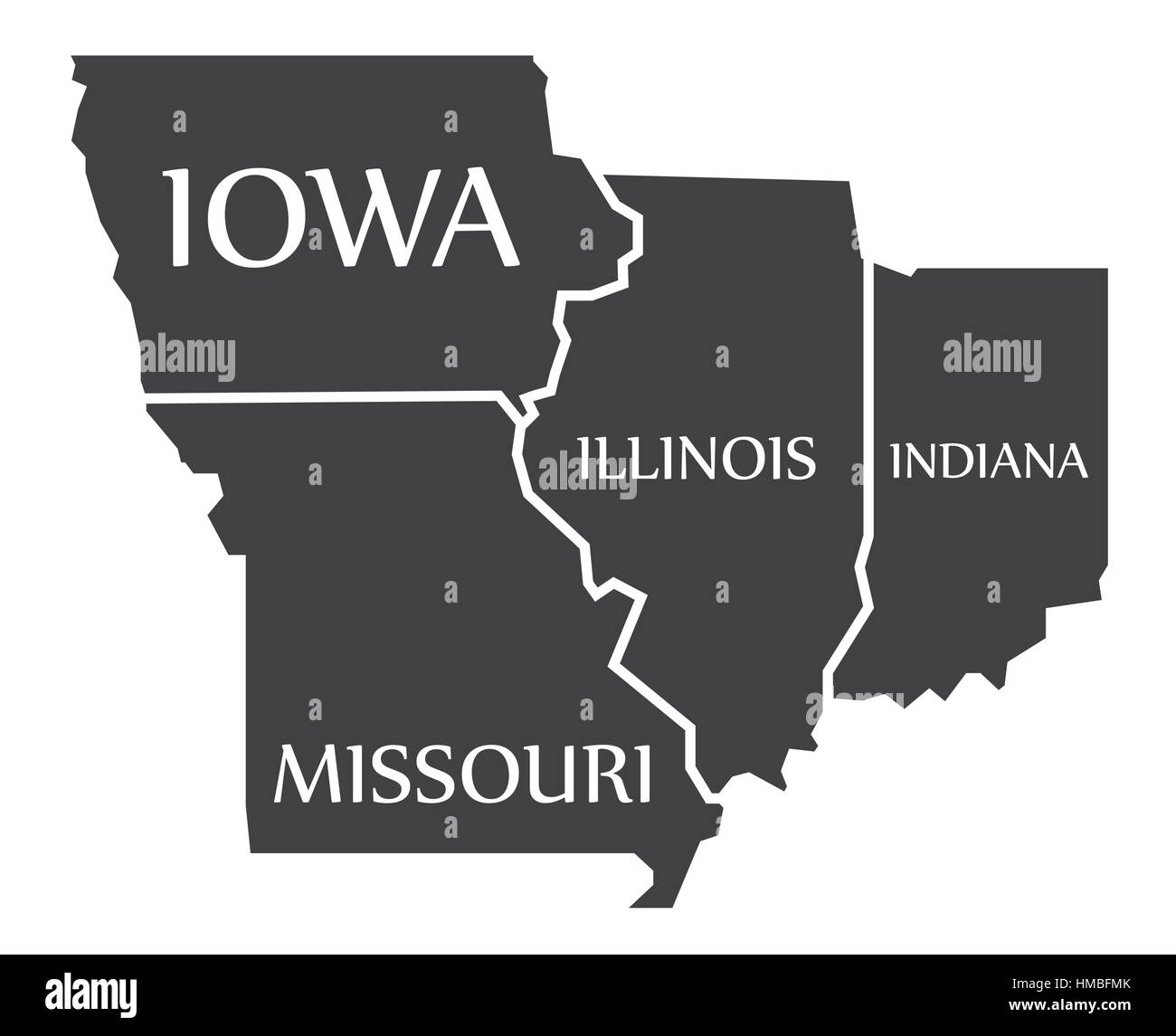 Iowa - Missouri - Illinois - Indiana Mappa etichettati illustrazione nero Illustrazione Vettoriale