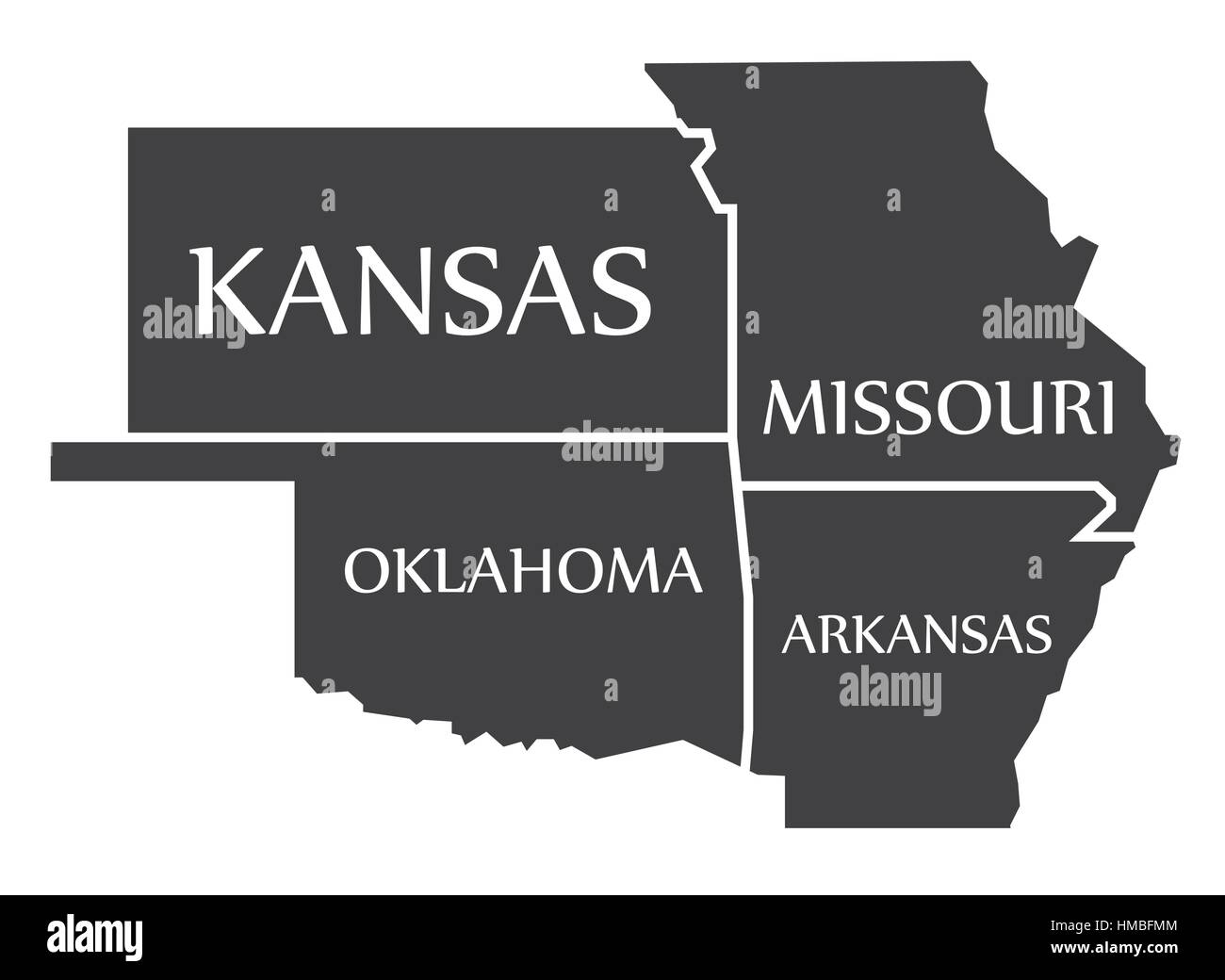 Kansas - Missouri - Oklahoma - Arkansas Mappa etichettati illustrazione nero Illustrazione Vettoriale