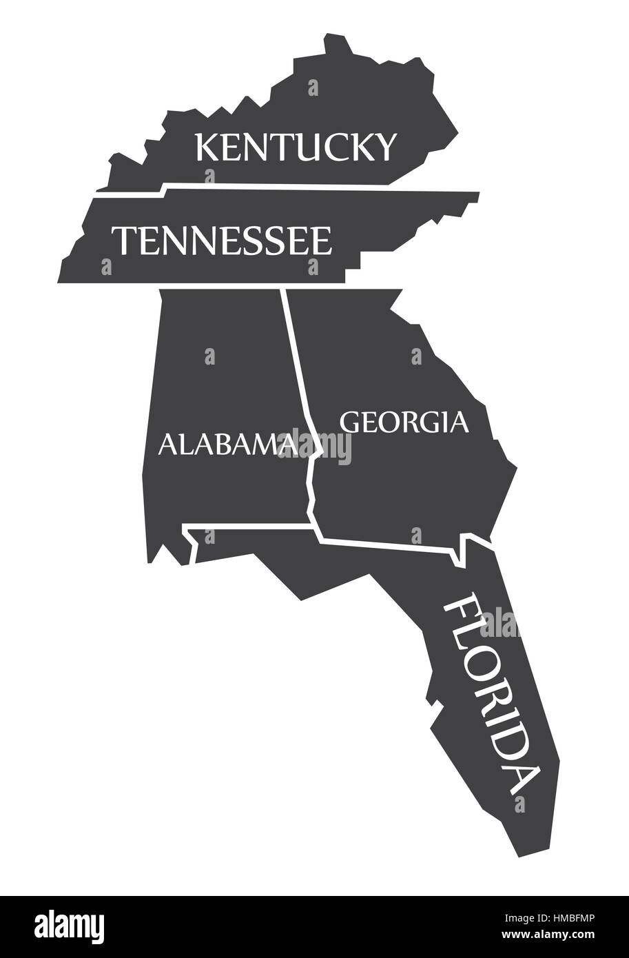 Kentucky - Tennessee - Alabama - Georgia - Florida Mappa etichettati illustrazione nero Illustrazione Vettoriale