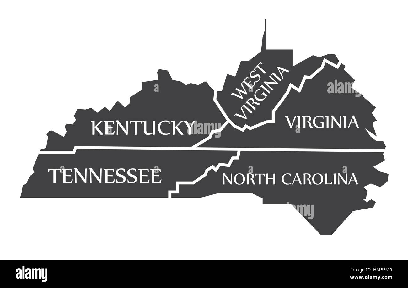 Kentucky - Tennessee - West Virginia - Virginia - North Carolina map marcato illustrazione nero Illustrazione Vettoriale