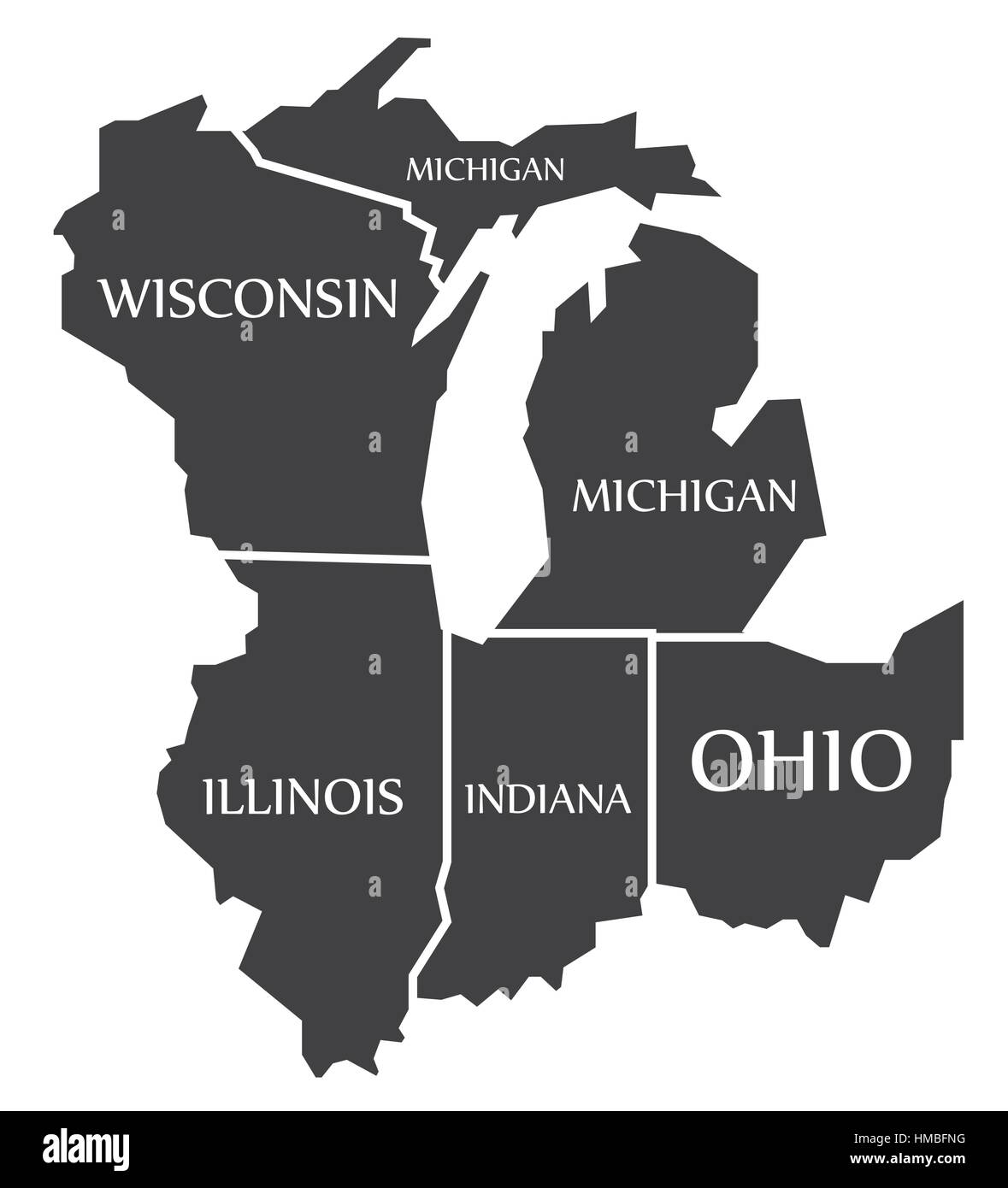 Michigan - Wisconsin - Illinois - Indiana - Ohio Mappa etichettati illustrazione nero Illustrazione Vettoriale