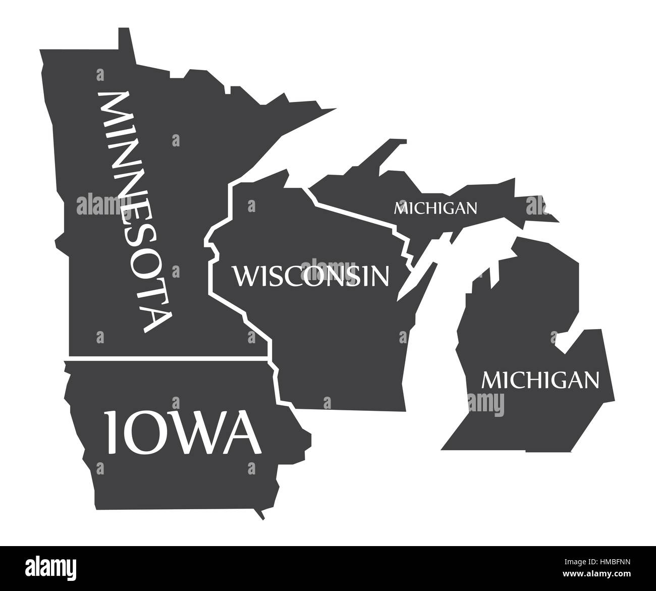 Minnesota - Iowa - Wisconsin - Michigan Mappa etichettati illustrazione nero Illustrazione Vettoriale