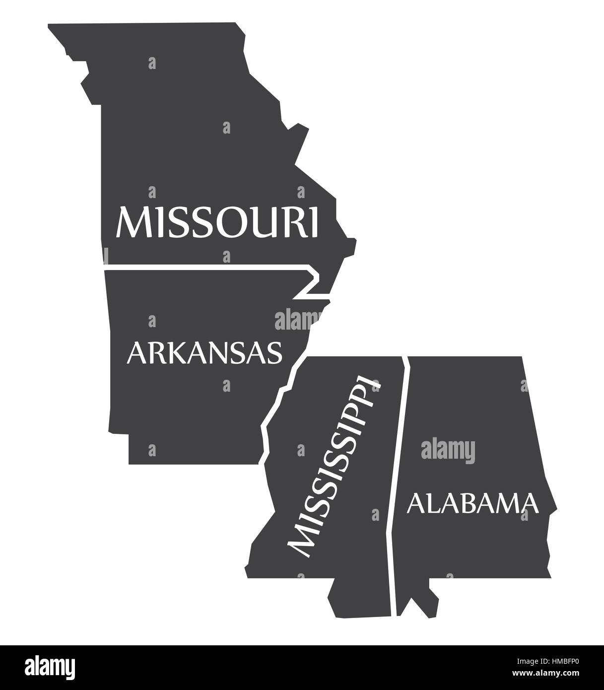 Missouri - Arkansas - Mississippi - Alabama Mappa etichettati illustrazione nero Illustrazione Vettoriale