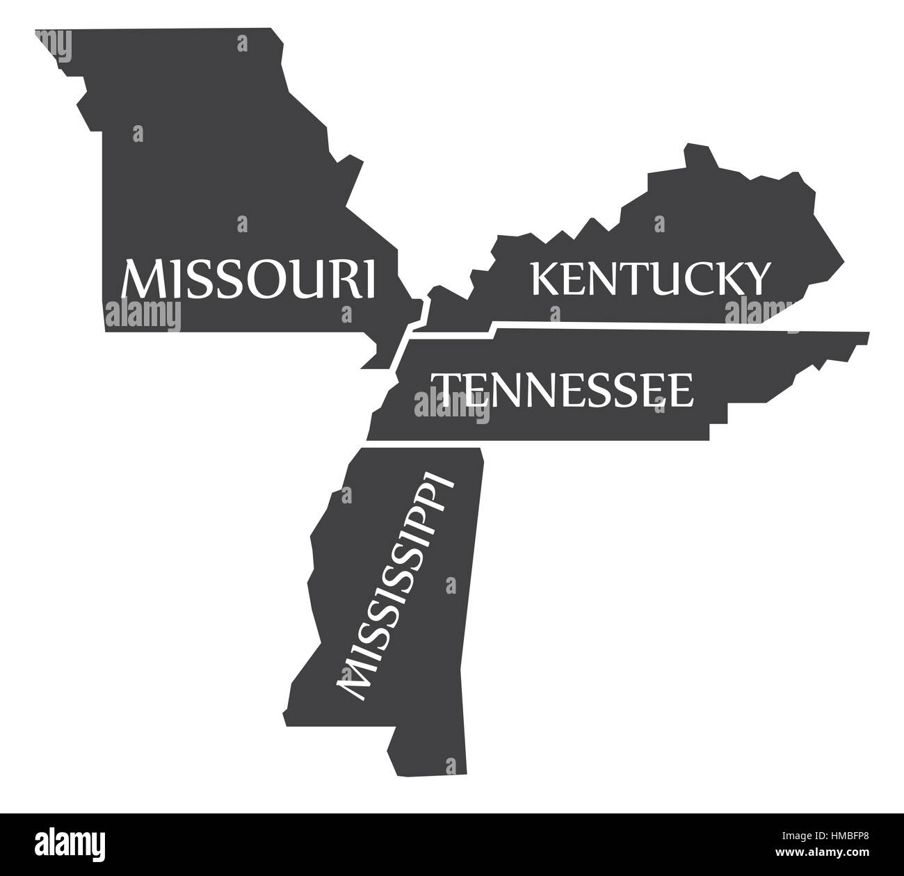 Missouri - Kentucky - Tennessee - Mississippi Mappa etichettati illustrazione nero Illustrazione Vettoriale