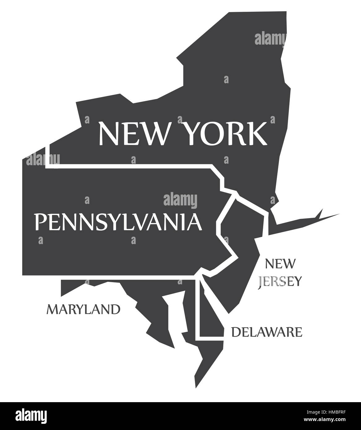 New York - Pennsylvania - New Jersey - Delaware - Maryland Mappa etichettati illustrazione nero Illustrazione Vettoriale