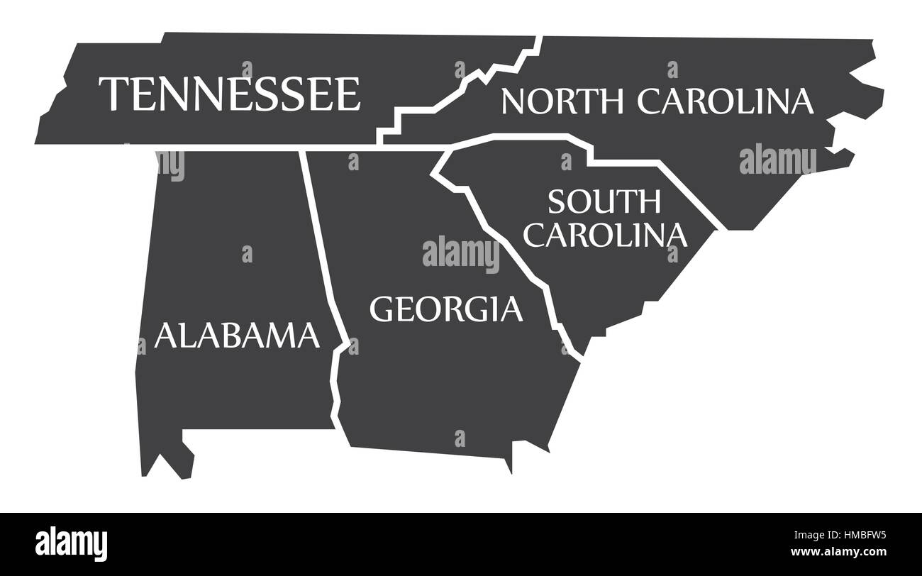 Tennessee - North Carolina - Alabama - Georgia - Carolina del Sud etichettati illustrazione nero Illustrazione Vettoriale