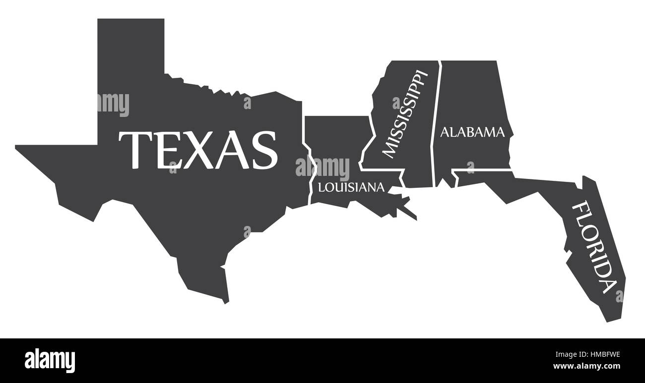 Texas - Louisiana - Mississippi - Alabama - Florida Mappa etichettati illustrazione nero Illustrazione Vettoriale