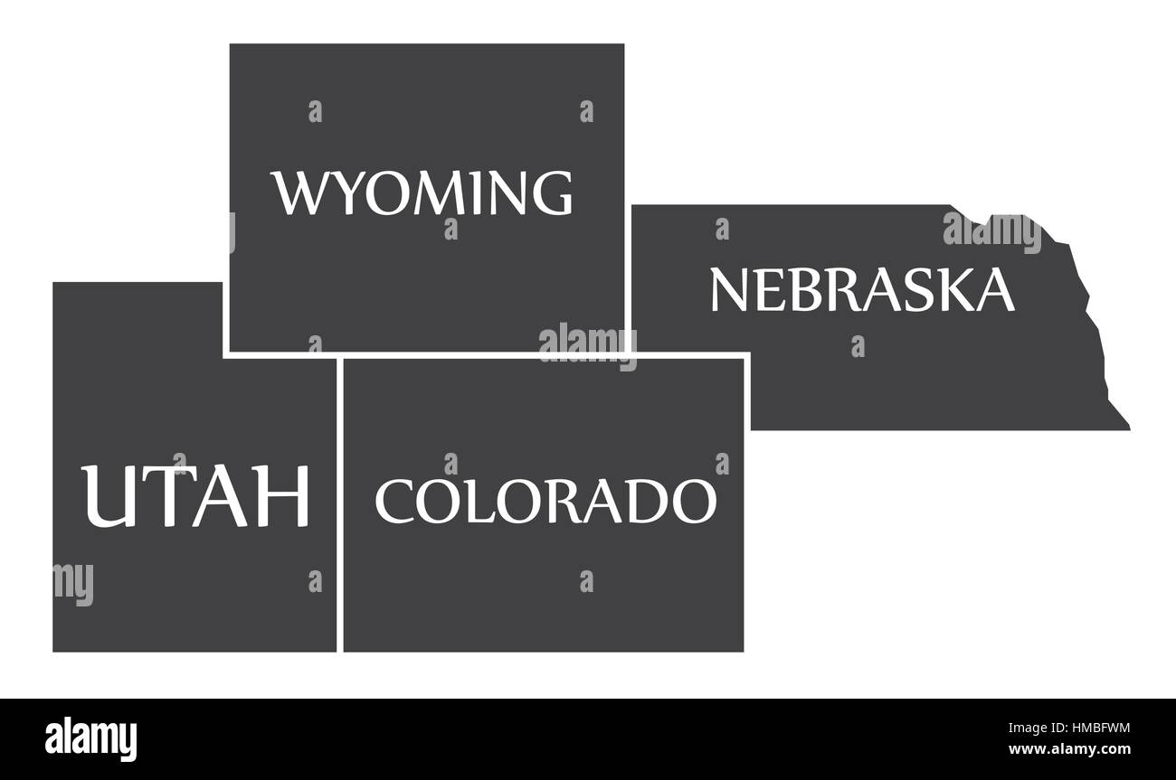 Utah - Wyoming - Colorado - Nebraska Mappa etichettati illustrazione nero Illustrazione Vettoriale