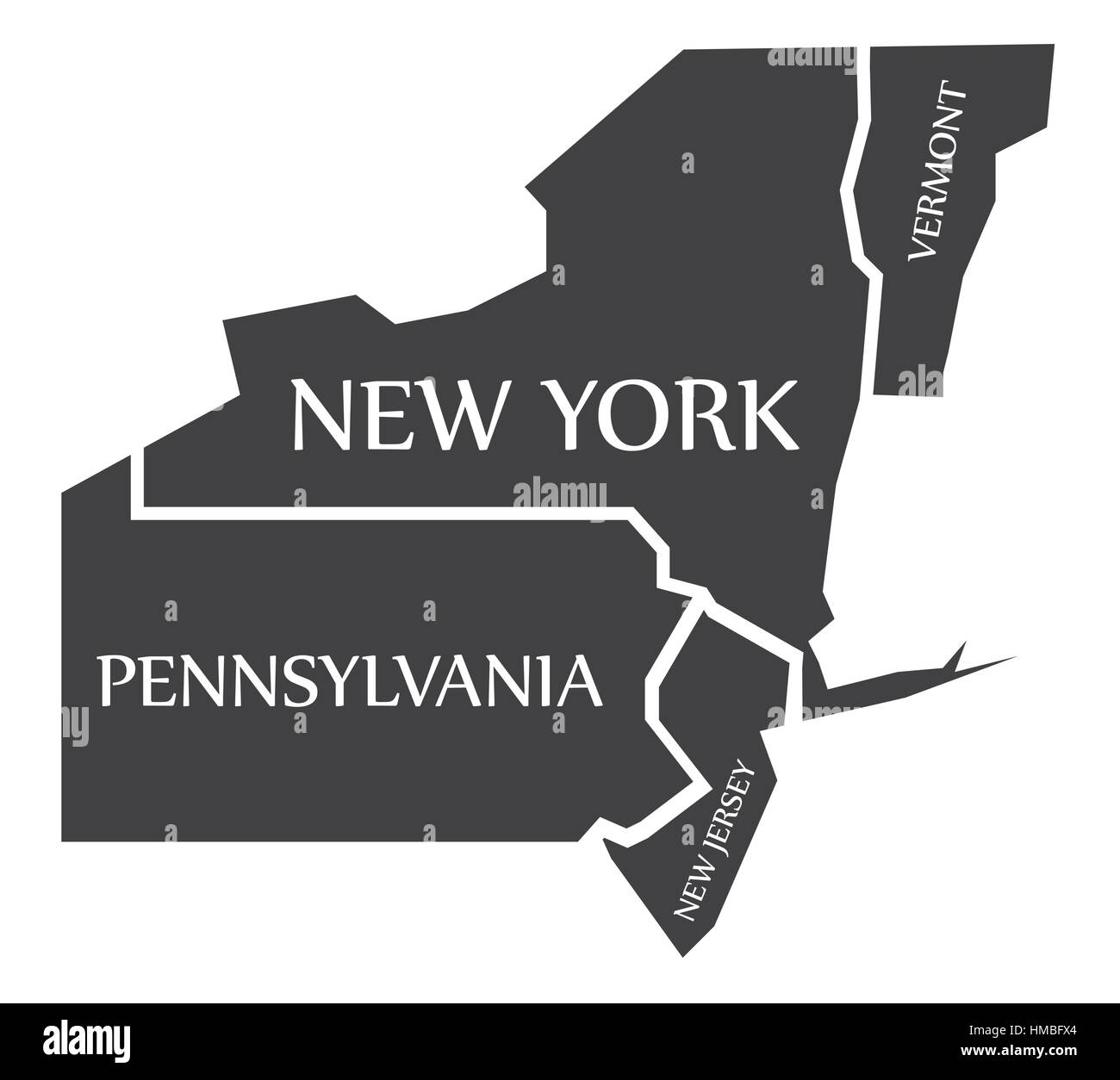 Vermont - New York - Pennsylvania - New Jersey Mappa etichettati illustrazione nero Illustrazione Vettoriale