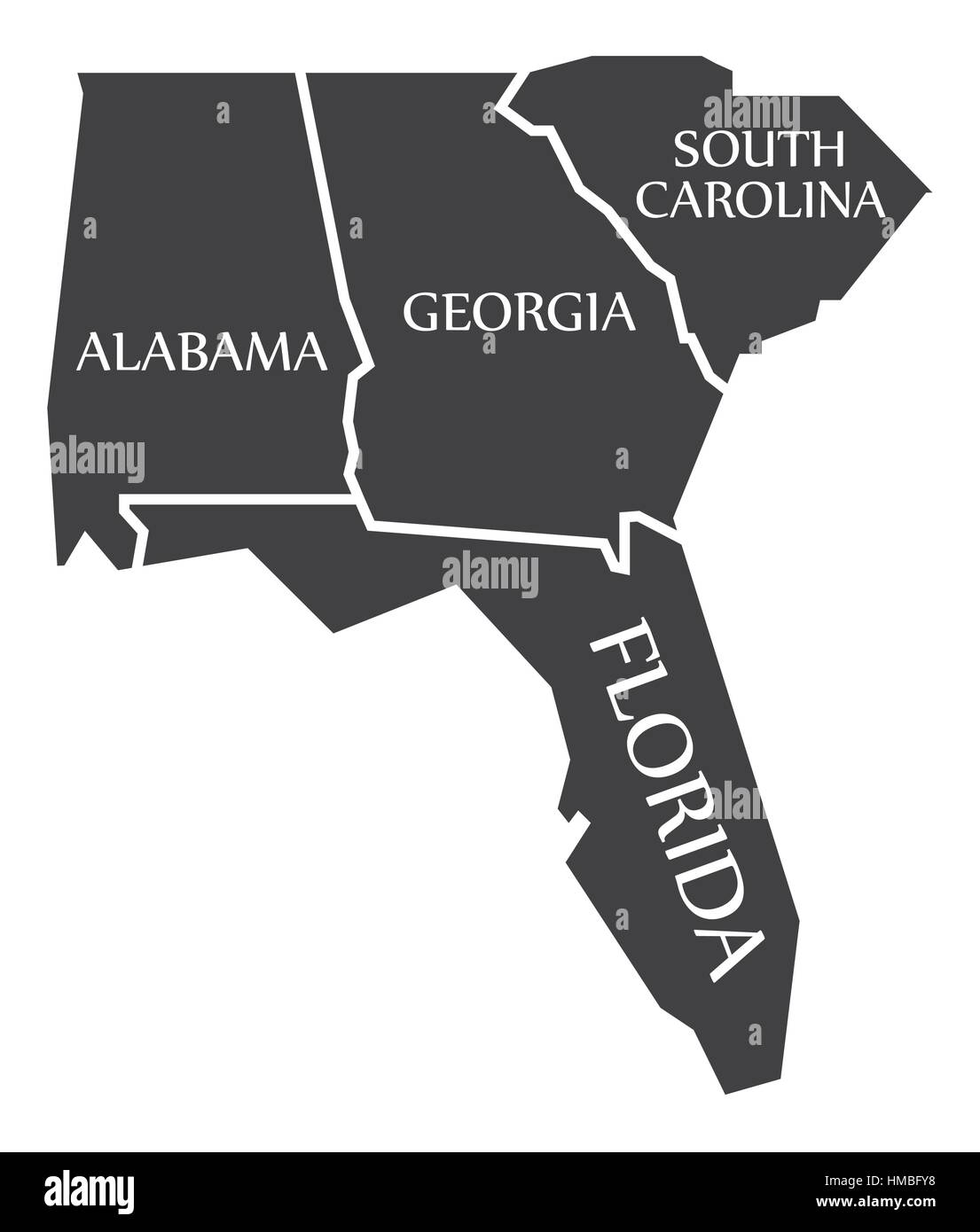 Alabama - Georgia - Carolina del Sud - Florida Mappa etichettati illustrazione nero Illustrazione Vettoriale