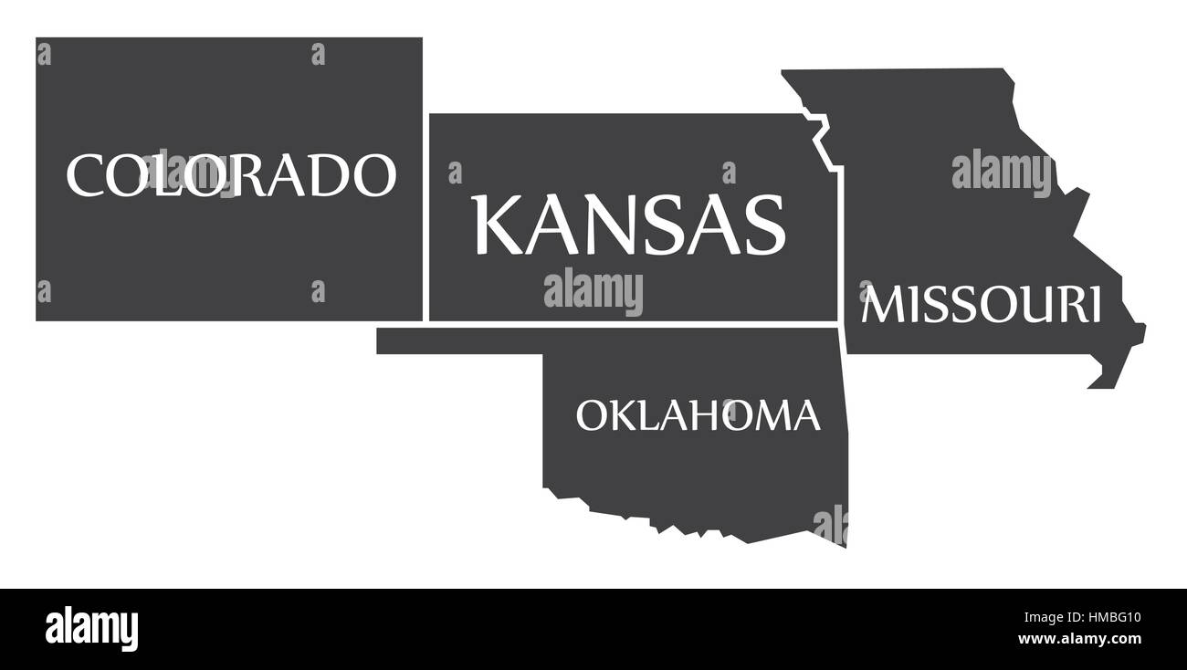 Colorado - Kansas - Oklahoma - Missouri Mappa etichettati illustrazione nero Illustrazione Vettoriale