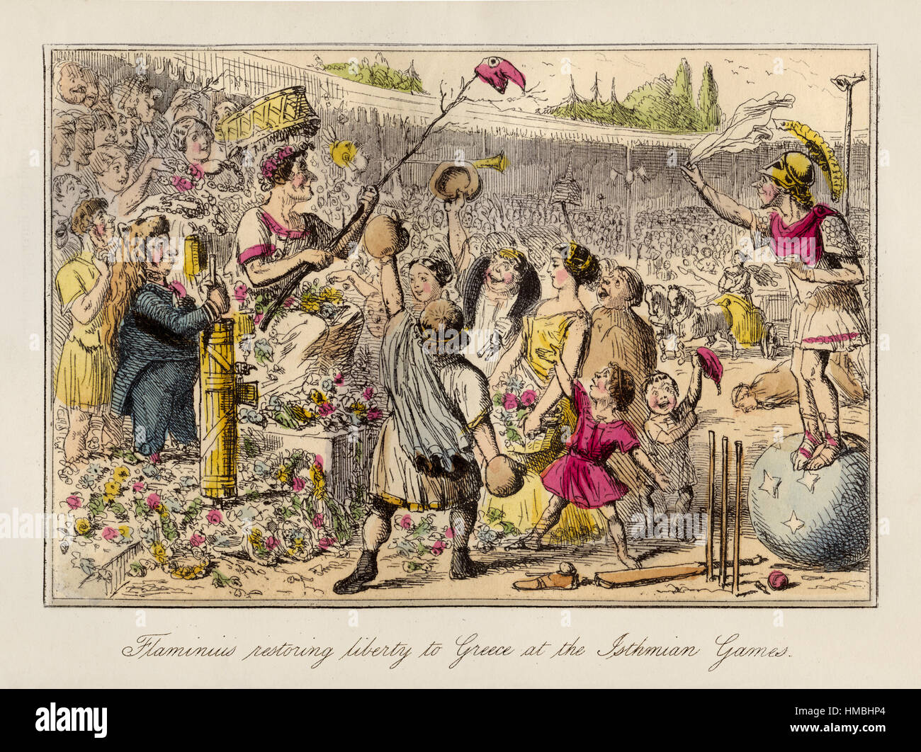 Flaminius il ripristino della libertà per la Grecia. Da "La storia a fumetti di Roma" da Gilbert à Beckett. Illustrato da John Leech pubblicato nel 1864. Foto Stock