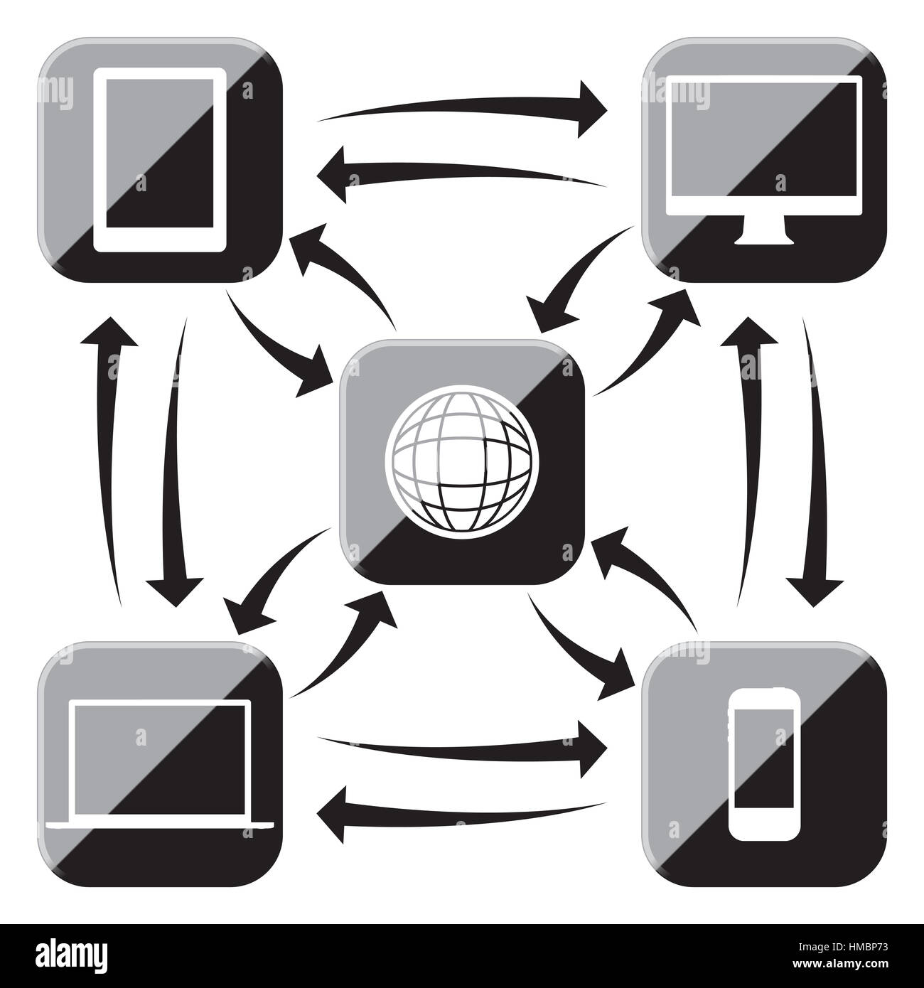 Dispositivo elettronico in bianco e nero icone connessa al web e di ogni altro isolato su uno sfondo bianco Foto Stock