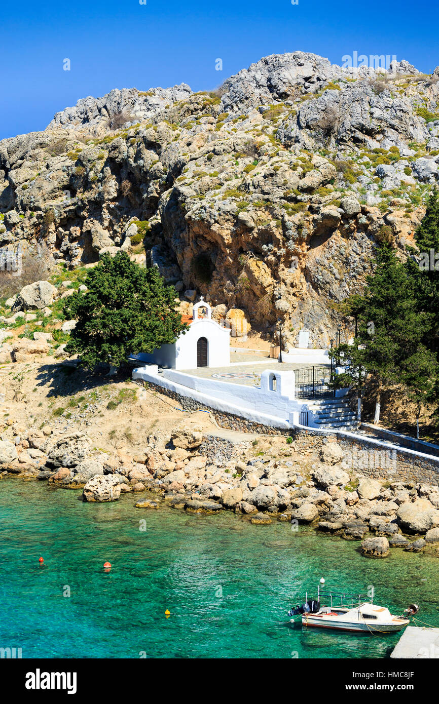 Chiesa di Agios Pavlos, St Pauls Bay, Lindos, Rodi, Grecia Foto Stock