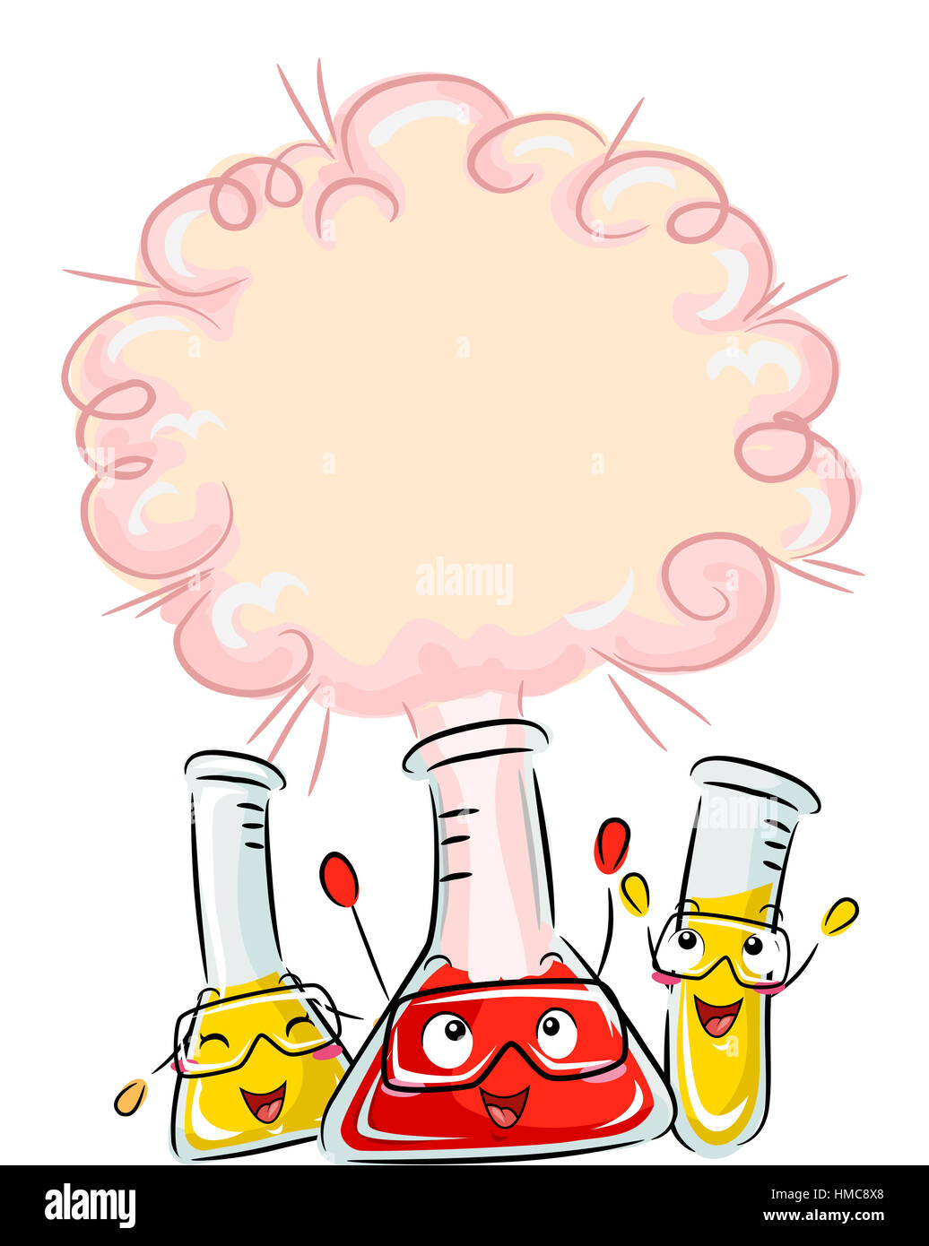 Il Mascot illustrazione dei prodotti chimici reagire dopo essere combinate Foto Stock