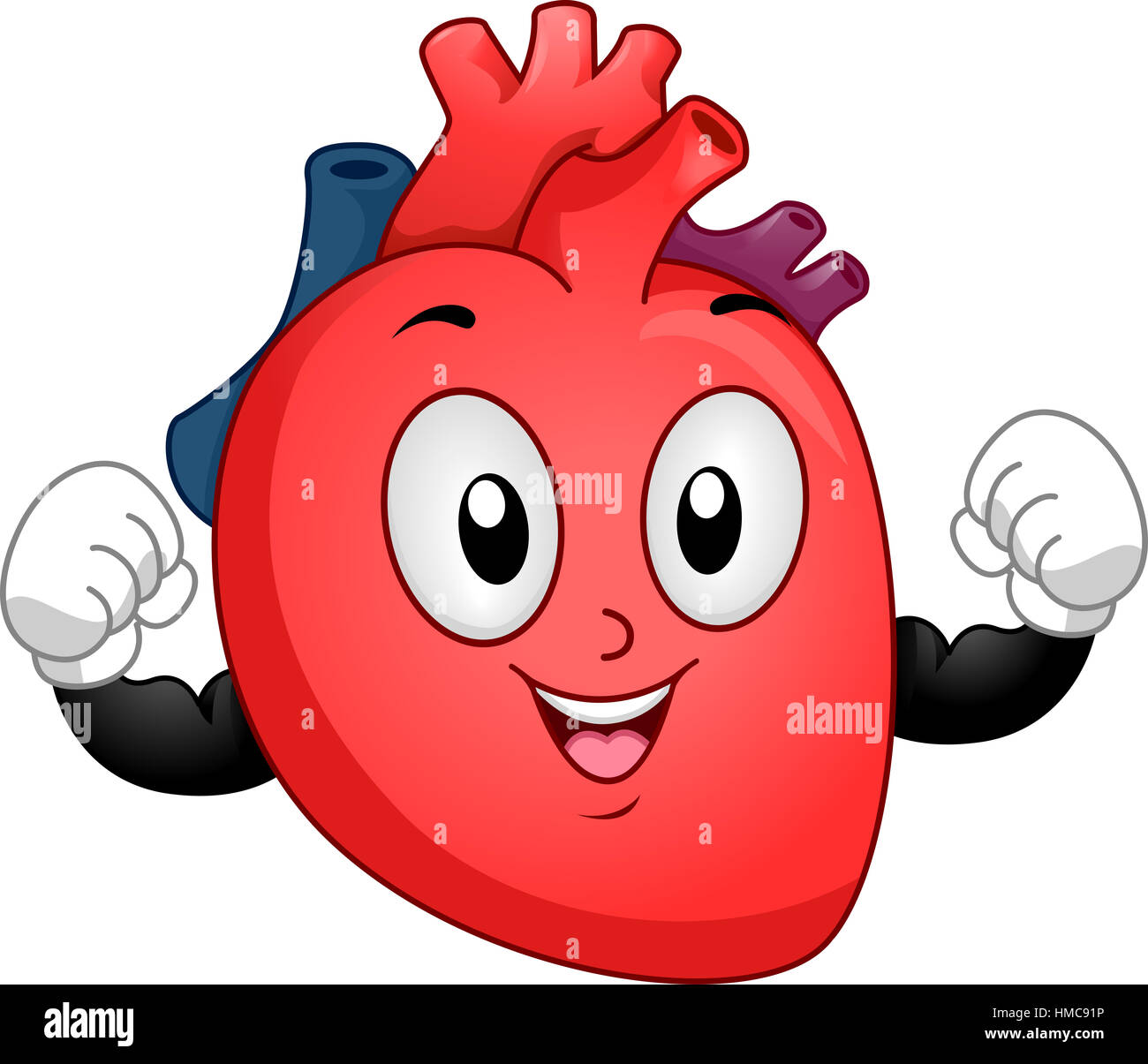 Il Mascot illustrazione di un soggetto umano sano cuore flessione del suo bicipite per mostrare la forza Foto Stock
