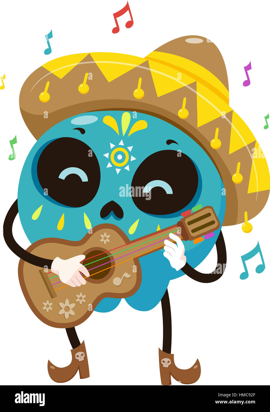 Il Mascot illustrazione di un colorato teschio di zucchero vestito in un costume Mariachi strimpella una chitarra Foto Stock