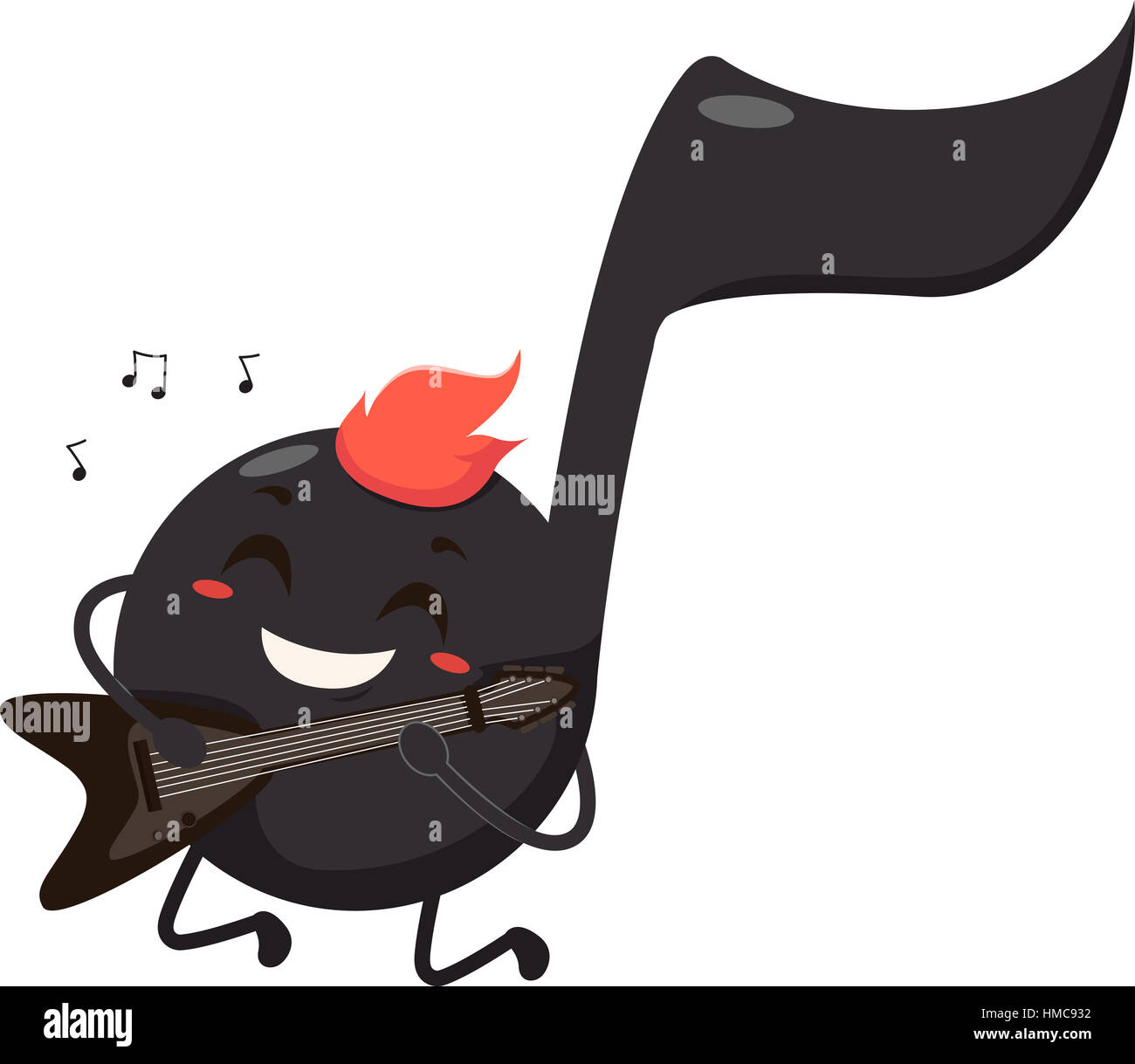 Il Mascot illustrazione di un Nero nota musicale vestito come un bilanciere suonare la chitarra elettrica Foto Stock