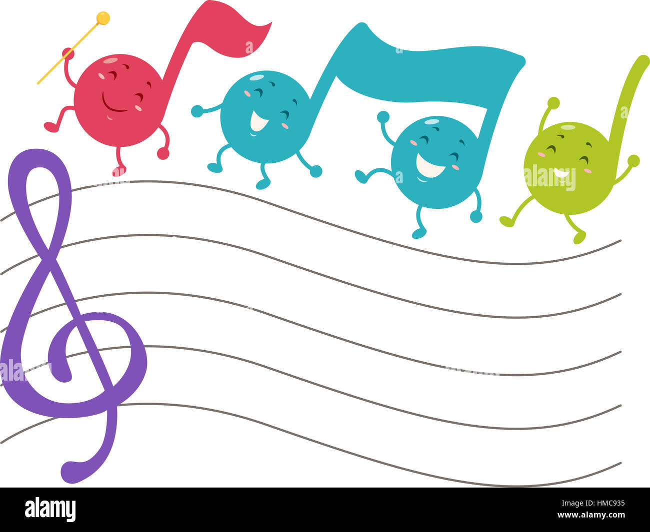 Carino mascotte illustrazione delle note musicali marciando attraverso un vuoto personale di musica Foto Stock