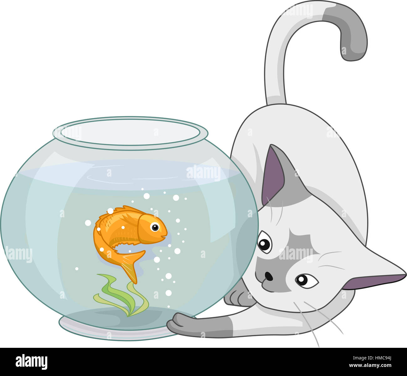 Illustrazione degli animali di una curiosa Cat giocando con un pesciolino in una terrina di pesce Foto Stock