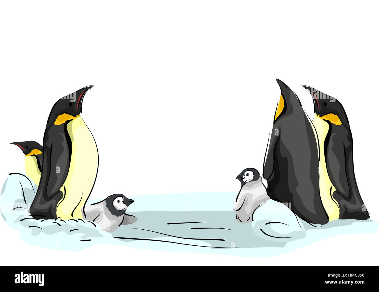 Illustrazione degli animali di una famiglia di Pinguini imperatore gioca su una lastra di ghiaccio Foto Stock