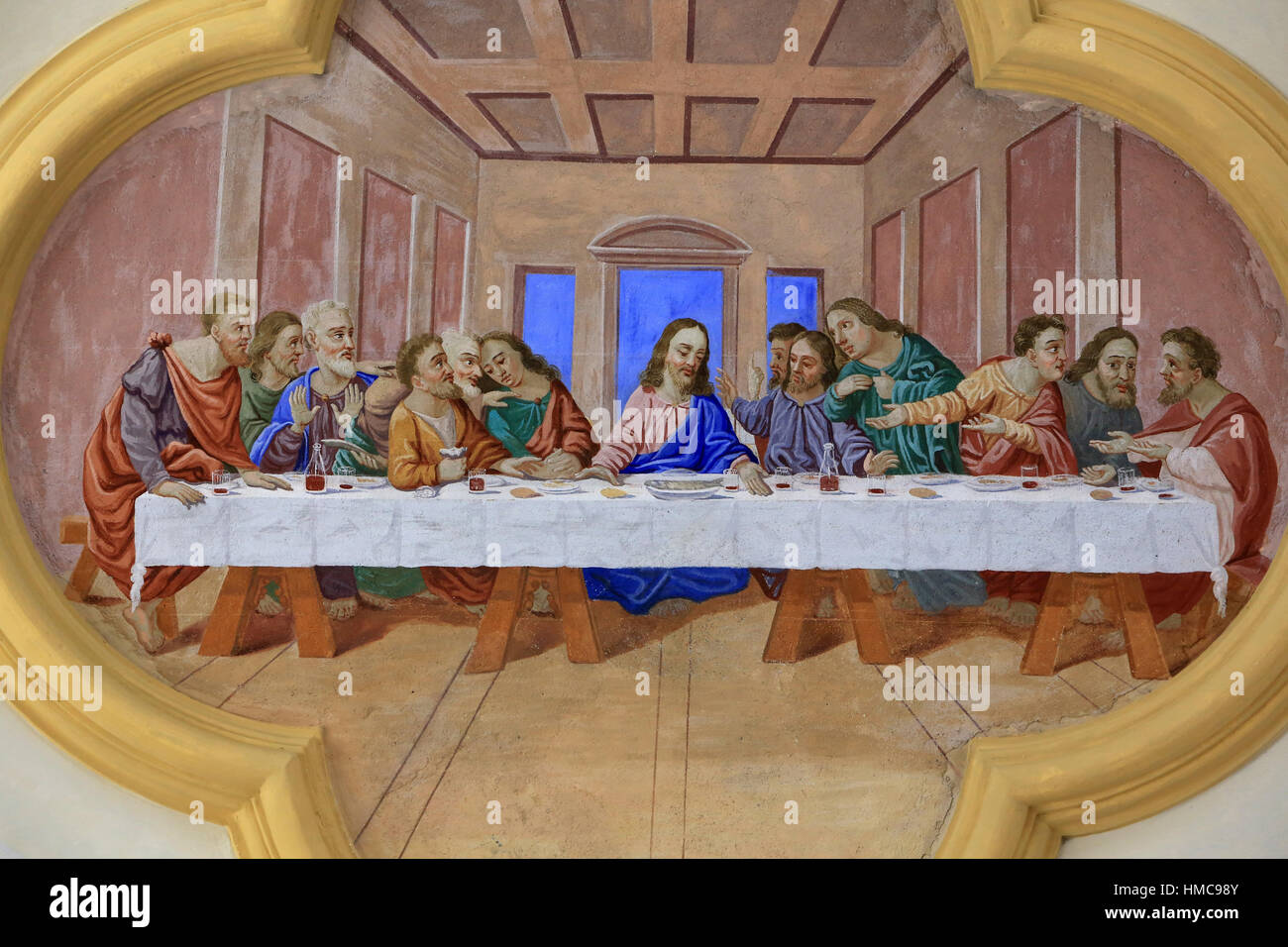 La cène. Dernier repas de Jésus avec les apôtres. Eglise Saint-Nicolas de Véroce. Saint-Nicolas de Véroce. La Francia. Foto Stock