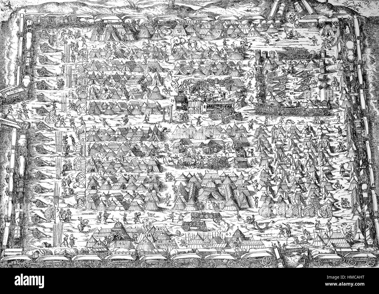 Accampamento militare nel XVI secolo, i soldati e le tende, foto o illustrazione, pubblicato nel 1892, digitale migliorata Foto Stock