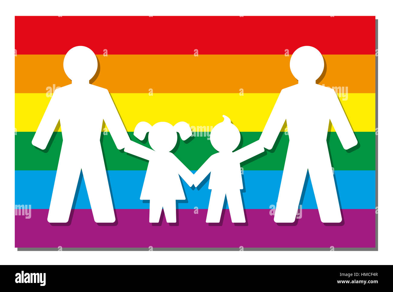 LGBT genitori - due papà con la figlia e il figlio - icona sulla bandiera di orgoglio. Foto Stock
