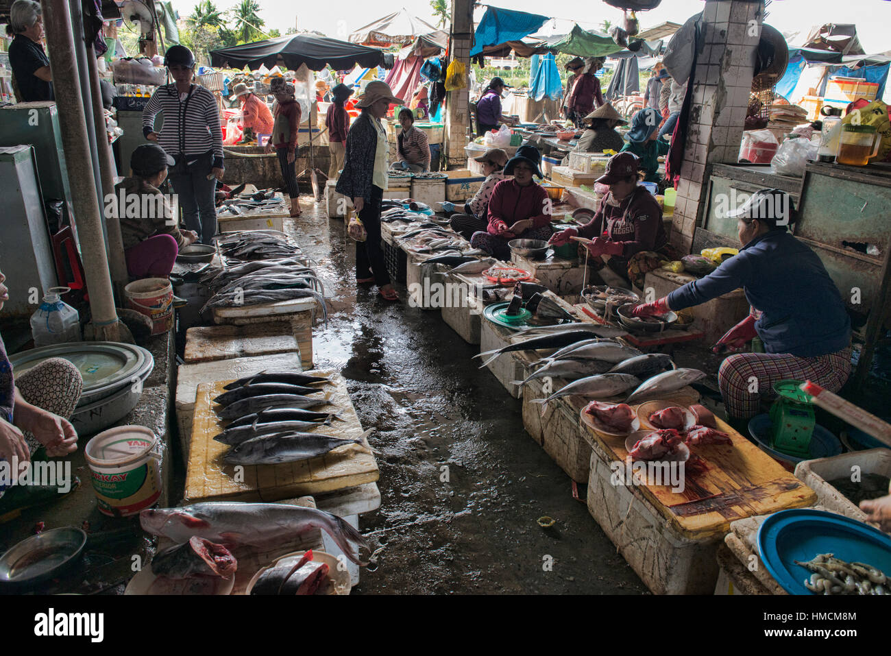 Venditori di pesce nel mercato, Hoi An, Vietnam Foto Stock