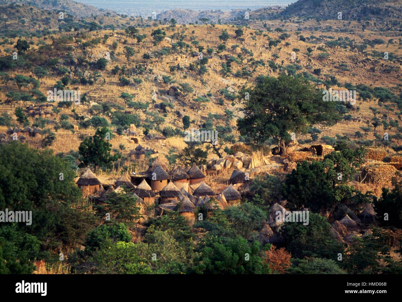 Case con sottolineato i tetti di paglia, Podoko village, Oudjilla, Camerun. Foto Stock