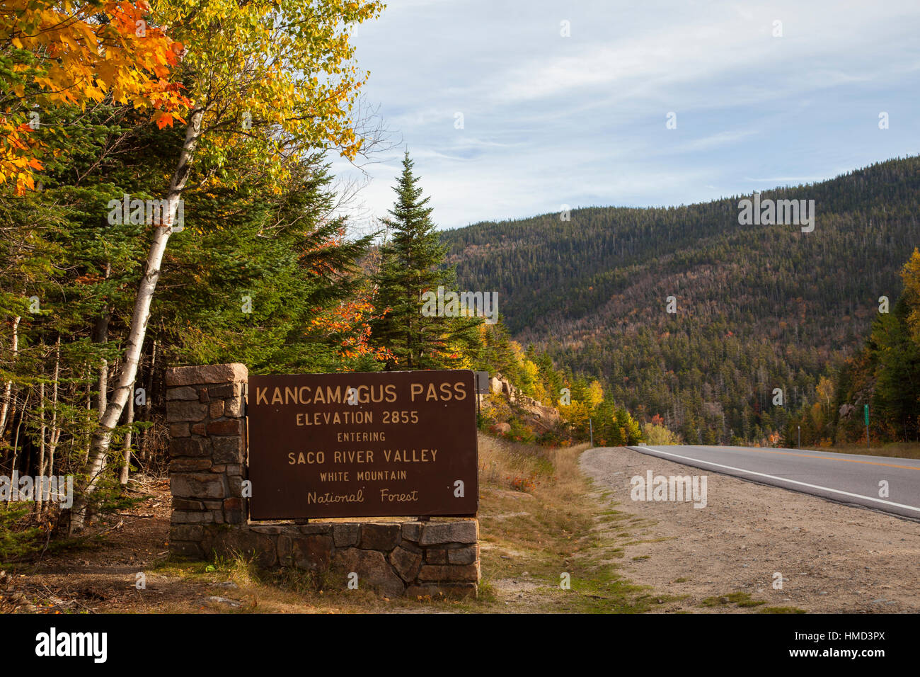 Pass Kancamagus segno, Kancamagus Highway, New Hampshire Foto Stock