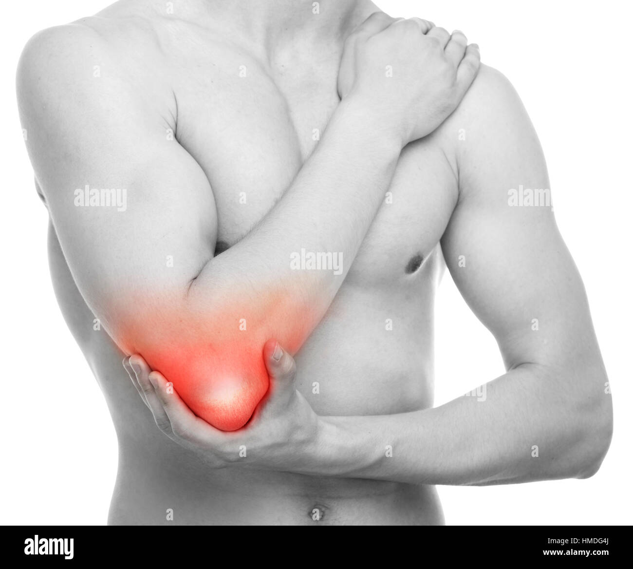 Uomo del dolore a gomito - Studio shot isolato su bianco Foto Stock