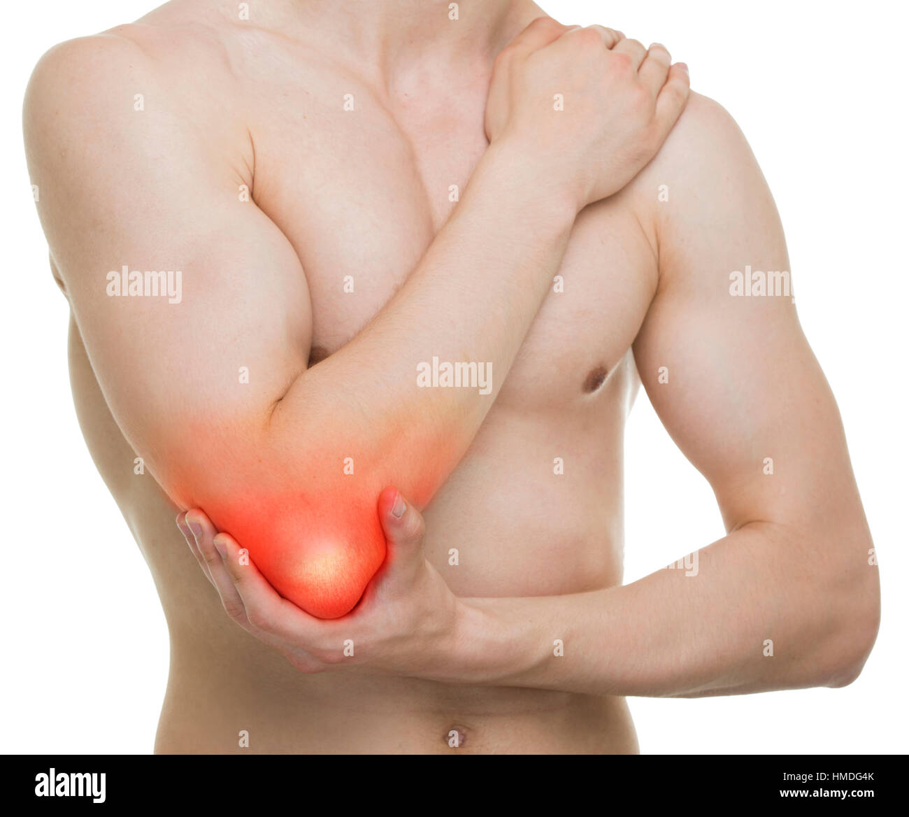 Il gomito dolore - Studio shot isolato su bianco Foto Stock