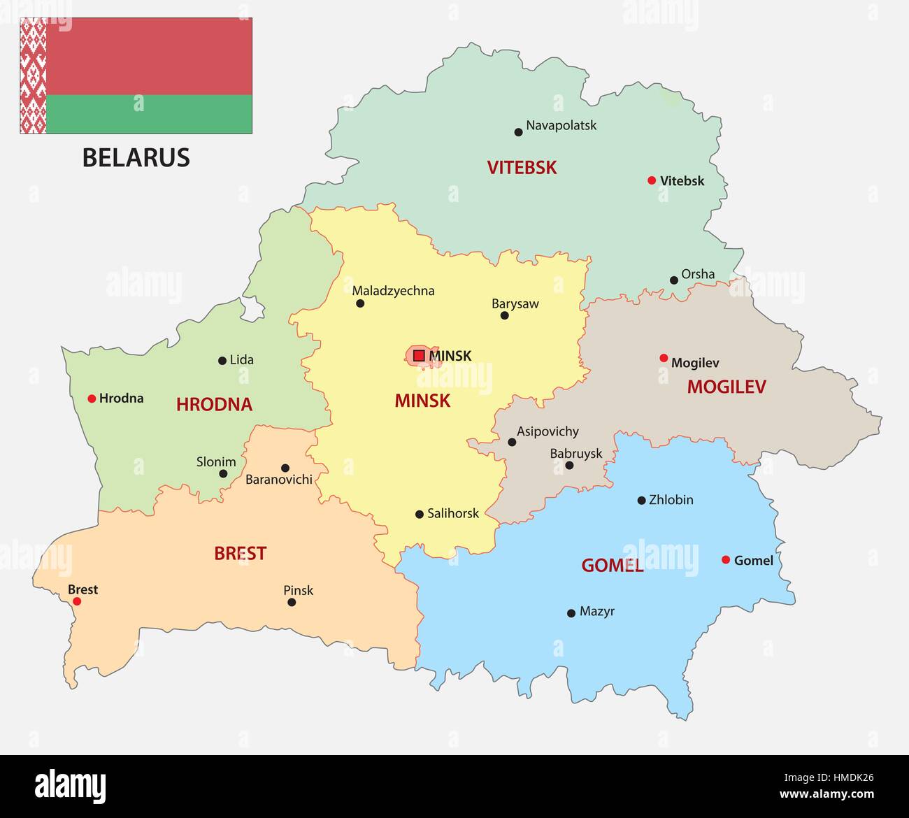 La Bielorussia politica e amministrativa di mappa vettoriale con bandiera Illustrazione Vettoriale