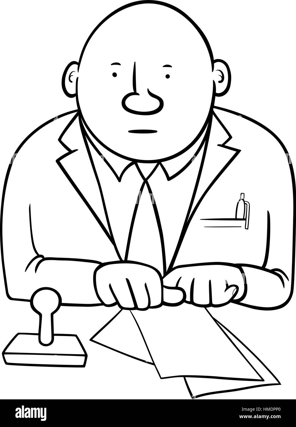 Bianco e Nero Cartoon illustrazione del funzionario o impiegato di carattere con documenti e timbro Illustrazione Vettoriale