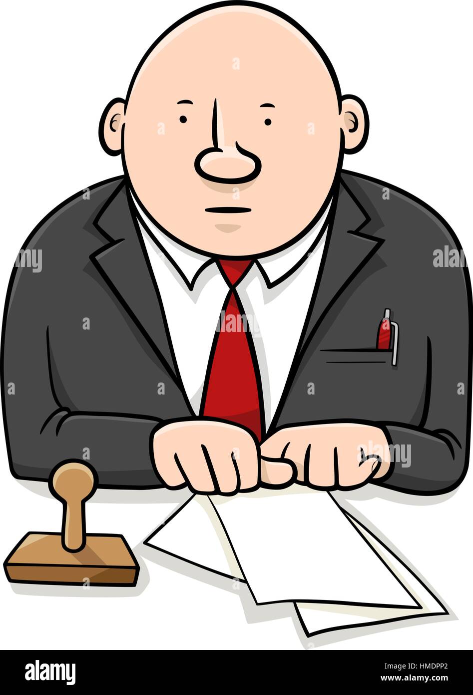Cartoon illustrazione del funzionario o impiegato di carattere con documenti e timbro Illustrazione Vettoriale
