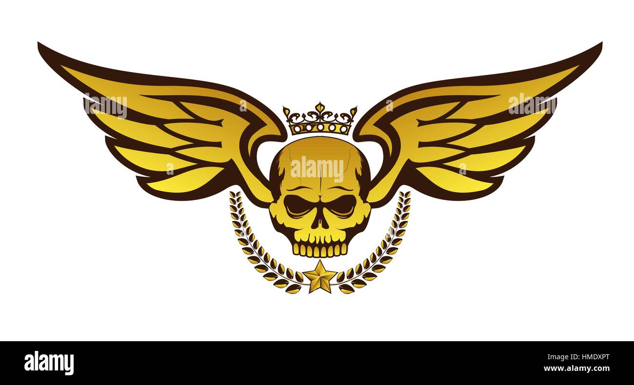 Vector golden tattoo o logo con coronato cranio, ali, corona di alloro. Isolato su sfondo bianco. Royal design per Air Force, biker o MMA fighter Illustrazione Vettoriale