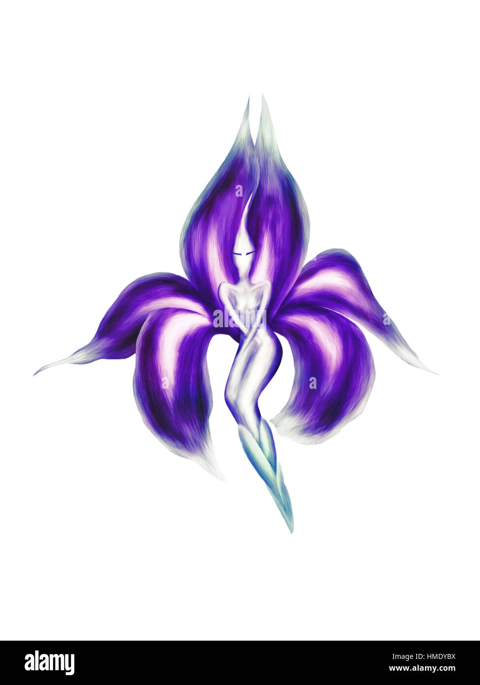 Artistico illustrazione astratta di una bella dancing lady iris esotico fiore fata con petali viola isolato su sfondo bianco Foto Stock