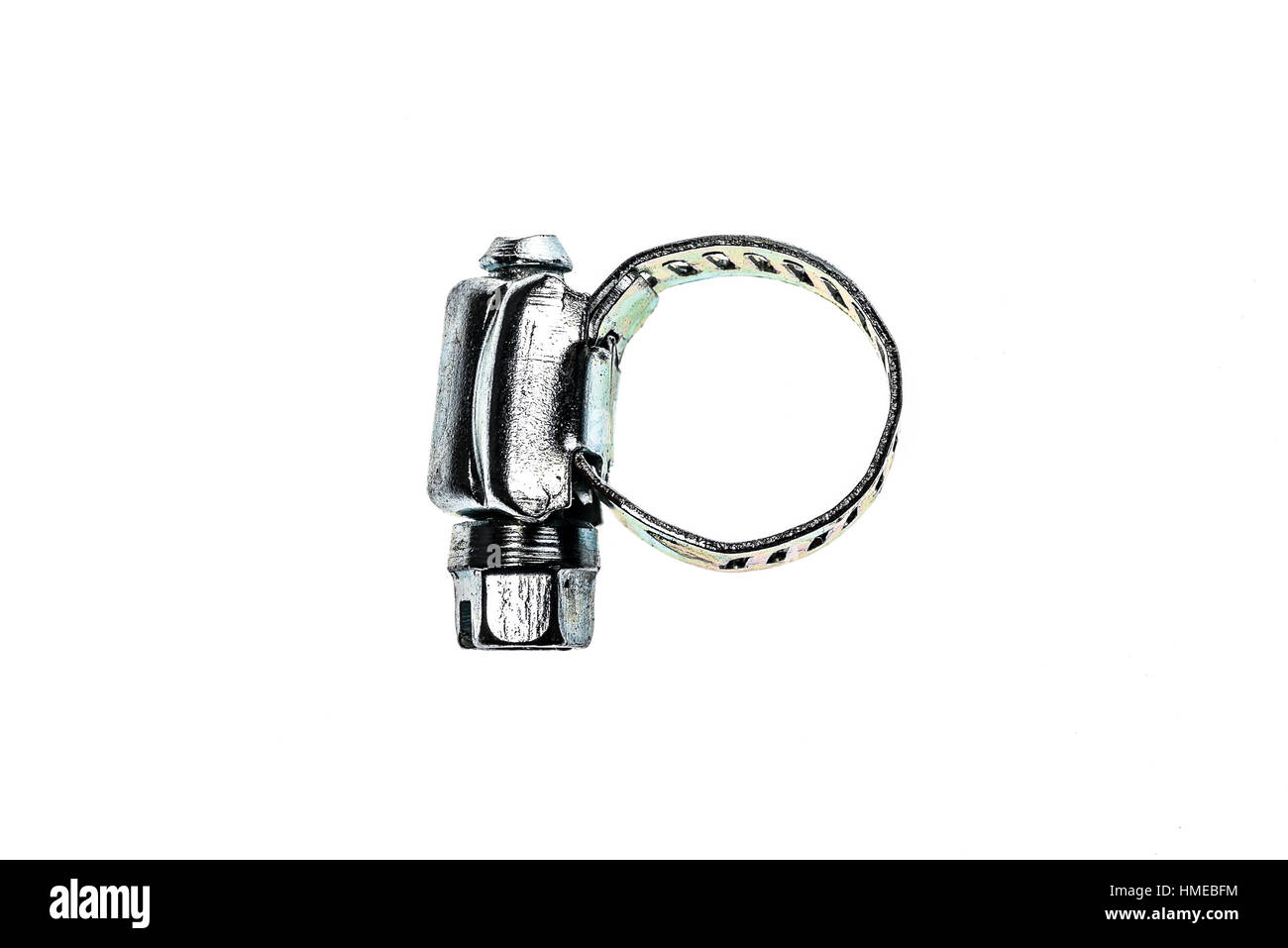 Acciaio inossidabile tubo di metallo morsetto isolato su uno sfondo bianco. Strumento ideale per idraulici, operai della costruzione e riparazione di uso domestico. Foto Stock