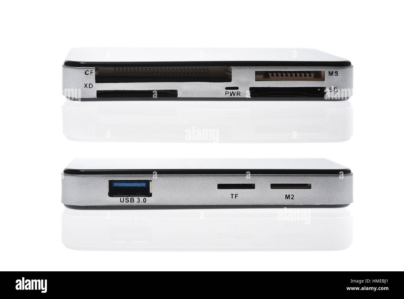 Collage di generico esterno USB 3.0 Lettore scheda isolato. Multi card reader per SD, CF, dx, MS, TF e m2 memory card isolato su sfondo bianco Foto Stock